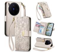 JIUNINE Coque pour Vivo X300 5G, Antichoc Housse Étui Portefeuille Femme en Cuir PU avec Motif Fleurs et Feuilles en Relief, Porte-Cartes, Support Réglable, Fermeture Magnétique, Blanc