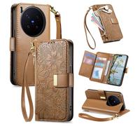 JIUNINE Coque pour Vivo X300 Pro 5G, Antichoc Housse Étui Portefeuille Femme en Cuir PU avec Motif Fleurs et Feuilles en Relief, Porte-Cartes, Support Réglable, Fermeture Magnétique, Marron