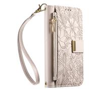JIUNINE Coque pour Xiaomi Poco F7 Pro, Antichoc Housse Étui Portefeuille Femme en Cuir PU avec Motif Fleurs et Feuilles en Relief, Porte-Cartes, Support Réglable, Fermeture Magnétique, Blanc