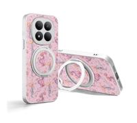 JIUNINE Coque pour XIAOMI Redmi Note 15 Pro Plus 5G avec Support, Rose | Support anneau rotatif à 360°, anneau magnétique métallique, motifs de plantes et fleurs, anti-chocs, anti-chute, Étui