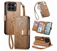 JIUNINE Coque pour ZTE Blade A56, Antichoc Housse Étui Portefeuille Femme en Cuir PU avec Motif Fleurs et Feuilles en Relief, Porte-Cartes, Support Réglable, Fermeture Magnétique, Marron