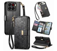 JIUNINE Coque pour ZTE Blade A56, Antichoc Housse Étui Portefeuille Femme en Cuir PU avec Motif Fleurs et Feuilles en Relief, Porte-Cartes, Support Réglable, Fermeture Magnétique, Noir