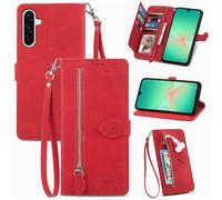 JIUNINE Étui à Rabat en Cuir pour Samsung Galaxy A27 5G, Rouge | Coque Portefeuille en Simili-cuir, Fleurs en Relief, Porte-Cartes, Poche Zippée, Fermeture Magnétique, Support