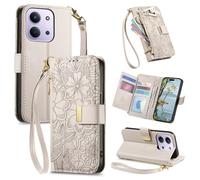JIUNINE Étui à Rabat en Cuir pour XIAOMI Redmi 15C, Blanc | Coque Portefeuille en Simili-cuir, Fleurs et Feuilles en Relief, Porte-Cartes, Poche Zippée, Fermeture Magnétique, Support