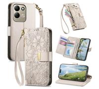 JIUNINE Étui à Rabat en Cuir pour XIAOMI Redmi 17, Blanc | Coque Portefeuille en Simili-cuir, Fleurs et Feuilles en Relief, Porte-Cartes, Poche Zippée, Fermeture Magnétique, Support