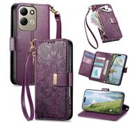 JIUNINE Étui à Rabat en Cuir pour XIAOMI Redmi 17, Violet | Coque Portefeuille en Simili-cuir, Fleurs et Feuilles en Relief, Porte-Cartes, Poche Zippée, Fermeture Magnétique, Support