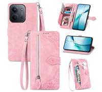 JIUNINE Étui à Rabat en Cuir pour XIAOMI Redmi 17C 5G, Rose | Coque Portefeuille en Simili-cuir, Fleurs en Relief, Porte-Cartes, Poche Zippée, Fermeture Magnétique, Support