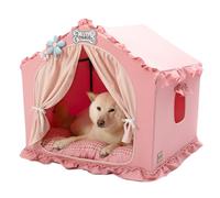 Jiupety Niche pour chien d'intérieur avec cadre, tente pliable et lavable, niche pour chien pour l'intérieur, lit pour chien ventilé avec toit pour 9 à 18 kg, taille L 64 x 64 x 64 cm, rose