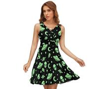 JiuPopular Robe à col en V pour femme, robe UFO vert Alien Moon, robe d'été sans manches pour fête, vacances, Green Alien Moon UFO., XL