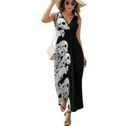 JiuPopular Robe sans manches, belle robe de vagues de l'océan, robe d'été décontractée à col en V pour laydies, Noir/skulls, XXL