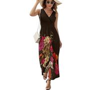 JiuPopular Robe sans manches, robe Dia De Los Muertos tête de mort, robe d'été décontractée à col en V pour Laydies, Tête de mort florale en sucre Jour des morts, 3XL