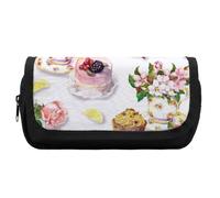 JiuPopular Trousse à crayons double couche, trousse à gâteau et théière, sac de papeterie à motif floral utilisé comme trousse à crayons pour le bureau et l'école, sac de voyage d'affaires ou petite