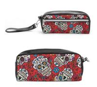 JiuPopular Trousse à crayons en cuir, rayures rouges et crèmes, trousse de papeterie utilisée comme trousse à crayons pour le bureau et l'école, le voyage d'affaires ou la petite boîte à outils