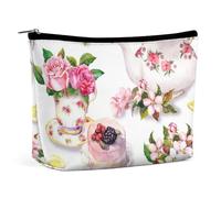 JiuPopular Trousse de toilette portable avec fermeture éclair pour un usage quotidien, voyage Motif coquelicots rouges, Gâteau et théière Floral, Taille unique