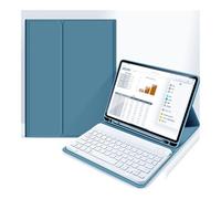 JiuRui Tablettes Accessoires, Étui en Cuir avec Clavier Blanc Amovible, Fin et léger, avec Porte-Stylo intégré, Compatible avec l'iPad Pro 11 Pouces 2024(Misty Blue)