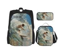 JIUTY Beach Surf Lot de 3 sacs à dos d'école 40,6 cm avec boîte à déjeuner pour l'école primaire préscolaire, Noir , Taille unique, Ensemble cartable