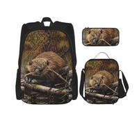 JIUTY Beaver Working Lot de 3 sacs à dos d'école 40,6 cm avec boîte à déjeuner pour l'école primaire préscolaire, Noir , Taille unique, Ensemble cartable