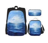JIUTY Blue Ocean Sea Lot de 3 sacs à dos d'école 40,6 cm avec boîte à déjeuner pour l'école primaire préscolaire, Noir , Taille unique, Ensemble cartable