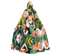 JIUTY Cape à capuche économique pour adulte avec imprimé fleurs tropicales et corgi, 145 cm de long, parfaite pour les fêtes d'Halloween, les danses