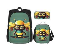 JIUTY Cartoon Bee Sac à dos 3 pièces 40,6 cm Sac à dos d'école avec boîte à déjeuner Grand sac à dos pour primaire préscolaire, Noir , Taille unique, Ensemble cartable