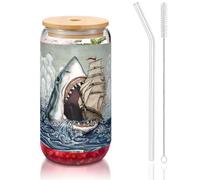 JIUTY Dessin animé requin mangeant un bateau dans l'océan mer impression verres à boire avec couvercles et paille en verre, 1 tasse en verre de 473,6 g, verres à bière, verres à café glacé