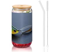 JIUTY Différents types d'appâts de pêche avec couvercles et paille en verre, 1 tasse en verre de 473,6 g, verres à bière glacée ou café