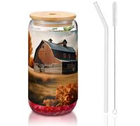 JIUTY Fall Country - Verres à boire avec couvercles et paille en verre, 1 tasse en verre de 473,6 g, verres à bière et café glacés