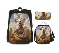 JIUTY Goat Frolic Lot de 3 sacs à dos d'école 40,6 cm avec boîte à déjeuner pour l'école primaire préscolaire, Noir , Taille unique, Ensemble cartable