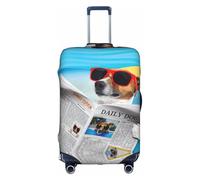 JIUTY Grande housse de valise extensible avec impression double face Motif chien avec lunettes Pour lire un journal sur la plage Océan, blanc, L