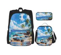 JIUTY Hawaii Beach Lot de 3 sacs à dos d'école 40,6 cm avec boîte à déjeuner Grand sac à dos pour primaire préscolaire, Noir , Taille unique, Ensemble cartable