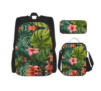 JIUTY Hojas Tropicales Y Flores Lot de 3 sacs à dos d'école 40,6 cm avec boîte à déjeuner pour école primaire préscolaire, Noir , Taille unique, Ensemble cartable