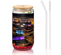 JIUTY Las Vegas Night View Verres à boire avec couvercles et paille en verre, 1 tasse en verre de 473,6 g, verres à bière glacée ou café