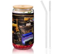 JIUTY Las Vegas - Verres à boire avec couvercles et paille en verre, 1 tasse en verre de 473,6 g, verres à bière, glace et café