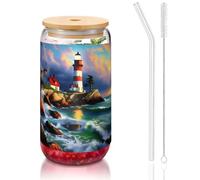 JIUTY Lighthouse - Verres à boire avec couvercles et paille en verre, 1 tasse en verre de 473,6 g, verres à bière, glace et café