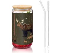 JIUTY Lodge Bear - Verres à boire avec couvercles et paille en verre, 1 tasse en verre de 473,6 g, verres à bière glacée et café