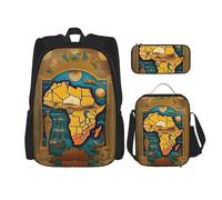 JIUTY Lot de 3 sacs à dos abstrait avec carte du monde 40,6 cm - Sac à dos d'école avec boîte à déjeuner - Grand sac à dos pour primaire préscolaire, Noir , Taille unique, Ensemble cartable