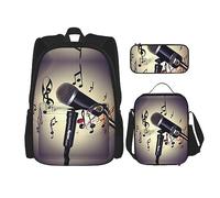 JIUTY Lot de 3 sacs à dos avec microphone et note de musique de 40,6 cm avec boîte à déjeuner pour l'école primaire préscolaire, Noir , Taille unique, Ensemble cartable