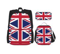 JIUTY Lot de 3 sacs à dos avec motif drapeau britannique de 40,6 cm - Sac à dos d'école avec boîte à déjeuner - Grand sac à dos pour l'école primaire préscolaire, Noir , Taille unique, Ensemble