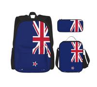 JIUTY Lot de 3 sacs à dos avec motif drapeau de la Nouvelle-Zélande - 40,6 cm - Sac à dos d'école avec boîte à déjeuner - Grand sac à dos pour l'école primaire préscolaire, Noir , Taille unique,