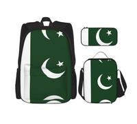 JIUTY Lot de 3 sacs à dos avec motif drapeau du Pakistan - 40,6 cm - Sac à dos d'école avec boîte à déjeuner - Grand sac à dos pour primaire préscolaire, Noir , Taille unique, Ensemble cartable