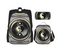 JIUTY Lot de 3 sacs à dos avec motif Yin Yang - 40,6 cm - Sac à dos d'école avec boîte à déjeuner - Grand sac à dos pour primaire préscolaire, Noir , Taille unique, Ensemble cartable