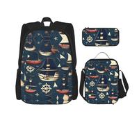 JIUTY Lot de 3 sacs à dos de 40,6 cm sur le thème des pirates de voile avec boîte à déjeuner pour l'école primaire préscolaire, Noir , Taille unique, Ensemble cartable