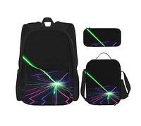 JIUTY Lot de 3 sacs à dos d'école avec lumières laser de 40,6 cm avec boîte à déjeuner pour l'école primaire préscolaire, Noir , Taille unique, Ensemble cartable