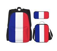 JIUTY Lot de 3 sacs à dos d'école avec motif drapeau français de 40,6 cm avec boîte à déjeuner pour l'école primaire préscolaire, Noir , Taille unique, Ensemble cartable