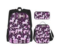 JIUTY Lot de 3 sacs à dos licorne rouge de 40,6 cm avec boîte à déjeuner pour l'école primaire préscolaire, Noir , Taille unique, Ensemble cartable