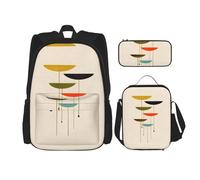 JIUTY Lot de 3 sacs à dos modernes du milieu du siècle avec boîte à déjeuner pour l'école primaire préscolaire 40,6 cm, Noir , Taille unique, Ensemble cartable