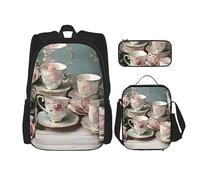 JIUTY Lot de 3 tasses à thé avec roses romantiques 40,6 cm Sac à dos d'école avec boîte à déjeuner Grand sac à dos pour primaire préscolaire, Noir , Taille unique, Ensemble cartable