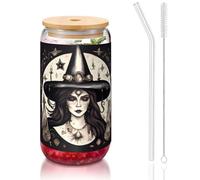 JIUTY Magic Witch Witchcraft Bohème Verres à boire avec couvercles et paille en verre, 1 tasse en verre de 473,6 g, verres à bière glacée