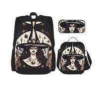 JIUTY Magic Witch Witchcraft Lot de 3 sacs à dos de 40,6 cm avec boîte à déjeuner pour école primaire préscolaire, Noir , Taille unique, Ensemble cartable