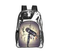 JIUTY Microphone avec imprimé notes de musique - Sac à dos de sécurité transparent en PVC - Poche avant - Poche latérale - Utilitaire moderne